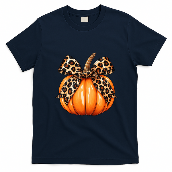 Leopard Print Pumpkin Bow Fall Harvest Decor Autumn T-Shirt - Navy Blue