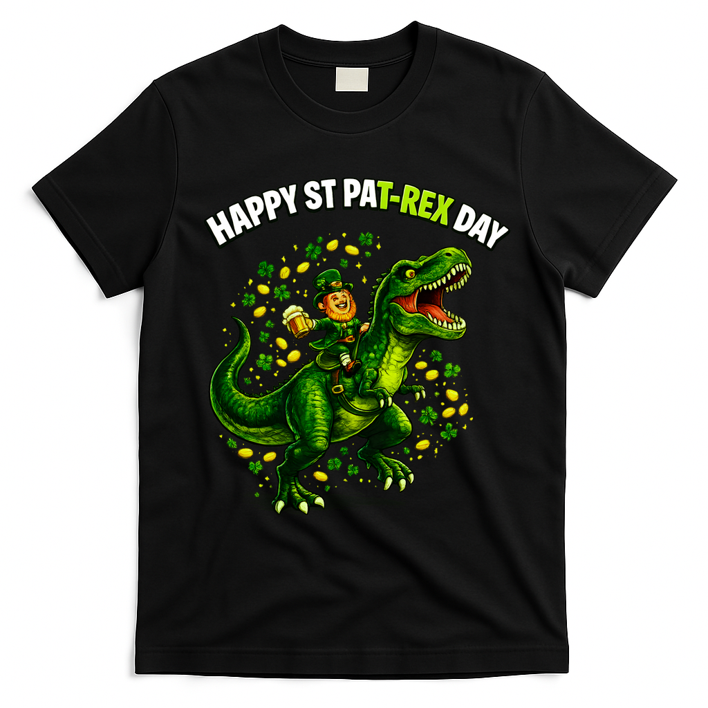 Leprechaun Riding Dino Happy Pat-rex Day T-rex T-Shirt - Black
