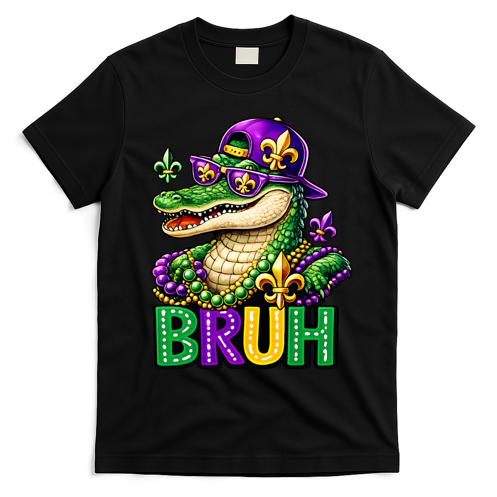 Mardigator Alligator Bruh Mardi Gras T-Shirt - Black