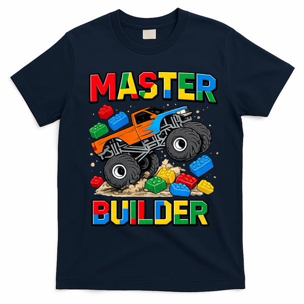 Master Builder Monster Truck Blocks Building Brick T-Shirt - Navy Blue