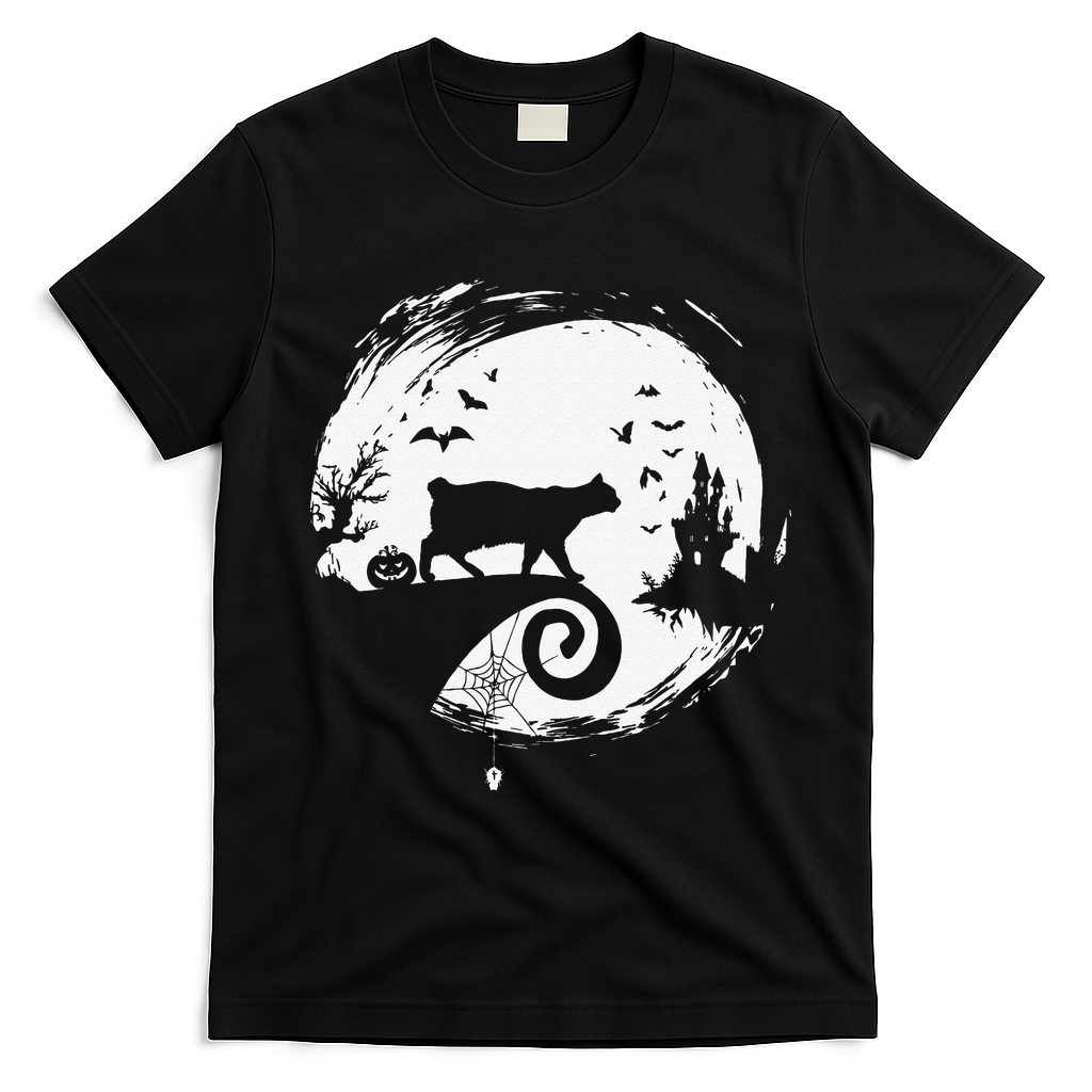 Manx Cat Halloween Costume Moon Silhouette Creepy Horror T-Shirt - Black