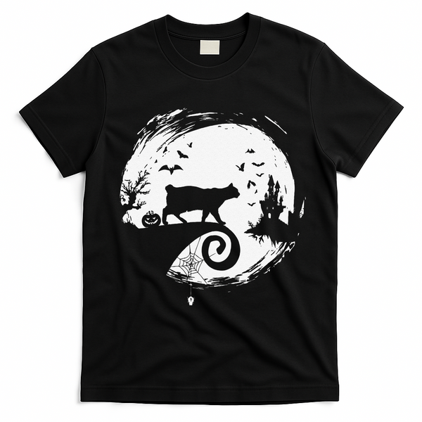 Manx Cat Halloween Costume Moon Silhouette Creepy Horror T-Shirt - Black