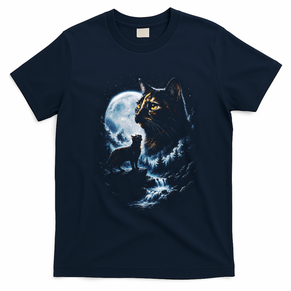 Mythical Cat Moonlight Adventure Night Sky T-Shirt - Navy Blue
