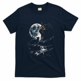 Mystical Cat Moonlight Waterfall Scene T-Shirt - Navy Blue