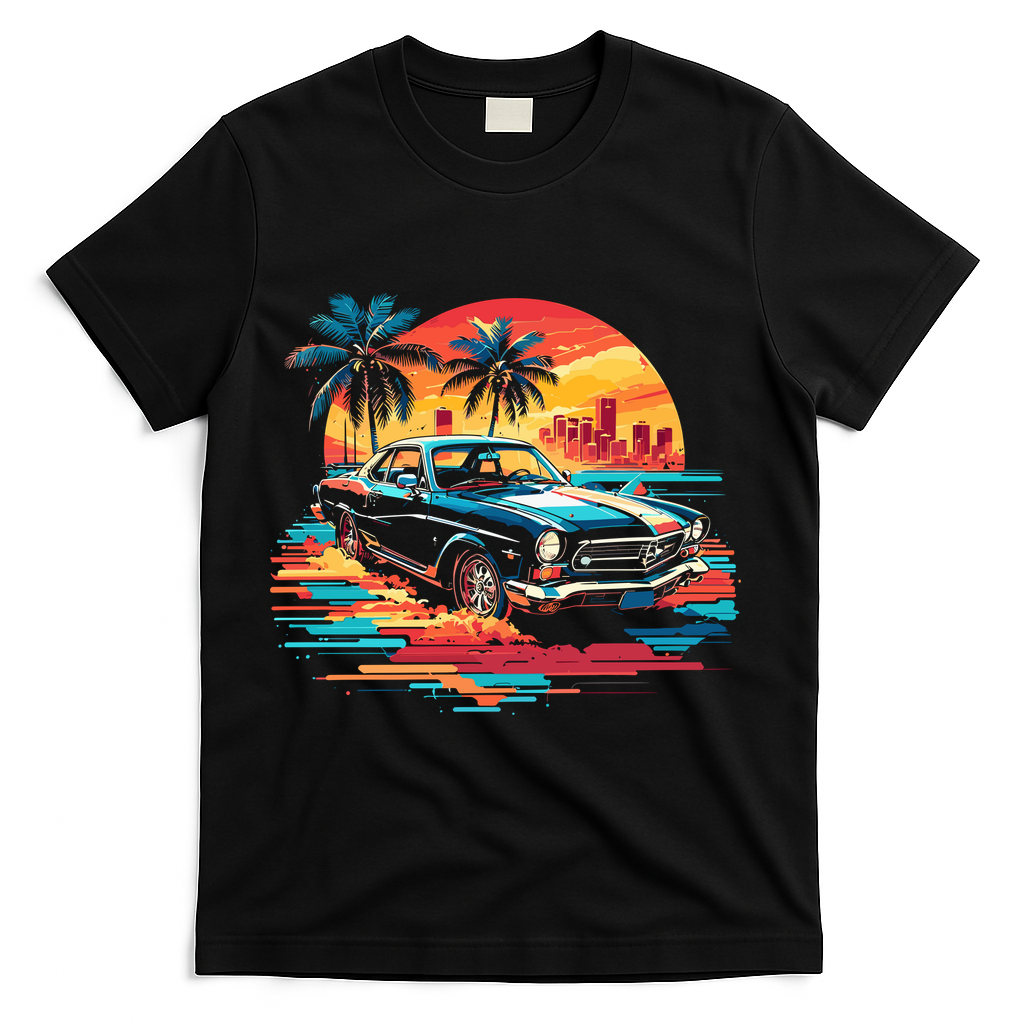 Miami Car Str Sunset Cool Graphic Design T-Shirt - Black