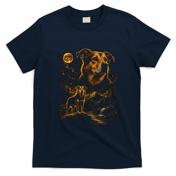 Majestic Dog In Moonlit Mountain Landscape T-Shirt - Navy Blue