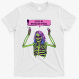 My Eyes Are Up Here Funny Creepy Skeleton Eyeballs Halloween T-Shirt - White