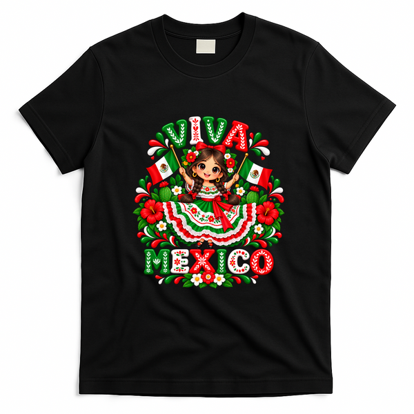 Mexican Girl Flag Independence Day Viva Mexico T-Shirt - Black