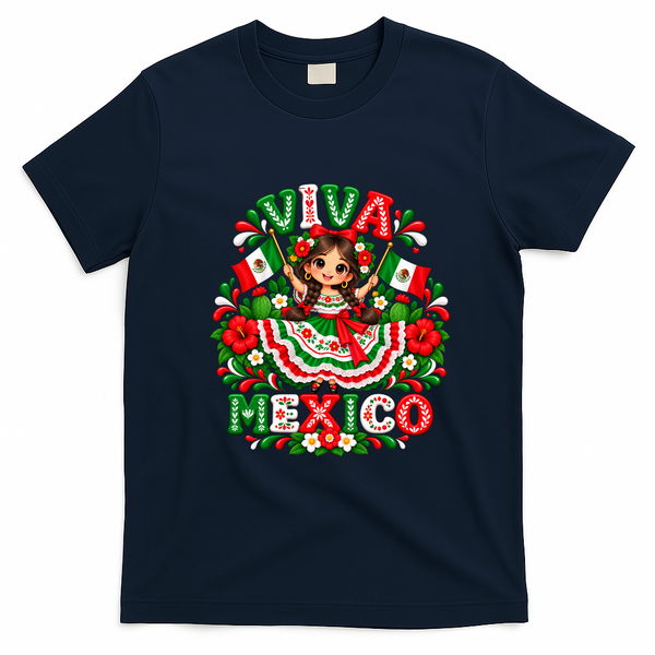 Mexican Girl Flag Independence Day Viva Mexico T-Shirt - Navy Blue