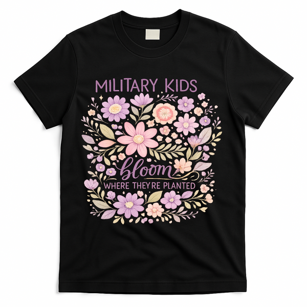 Military Kids Where They're Planted Purple Up T-Shirt - Black