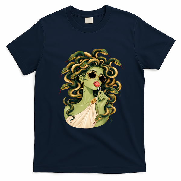 Medusa Lollipop Sunglasses Snake Vintage Greek Mythology T-Shirt - Navy Blue