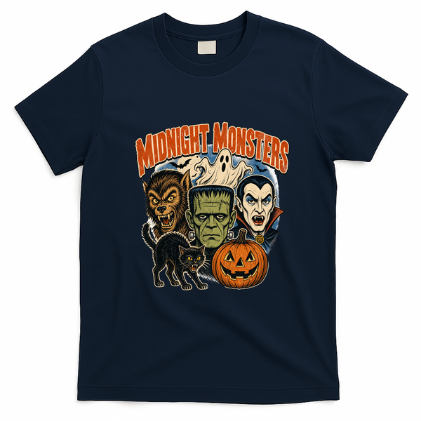 Midnight Monsters Halloween Graphic Classic Creatures T-Shirt - Navy Blue