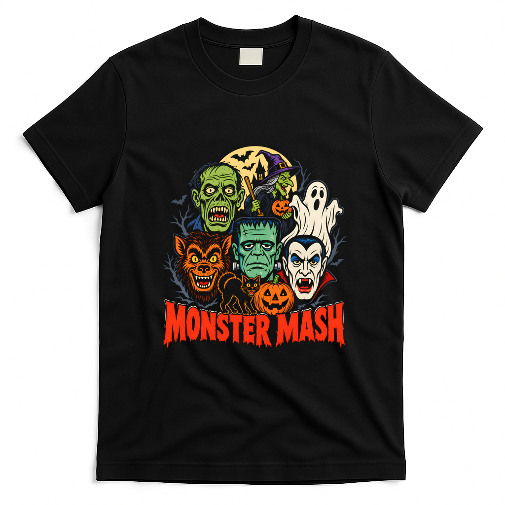 Monster Mash Halloween Graphic Vintage T-Shirt - Black