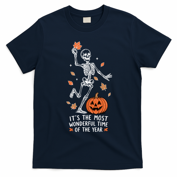 Most Wonderful Time Of The Year Skeleton Halloween Autumn T-Shirt - Navy Blue