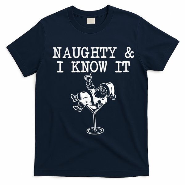 Naughty And I Know It Funny Christmas Santa T-Shirt - Navy Blue