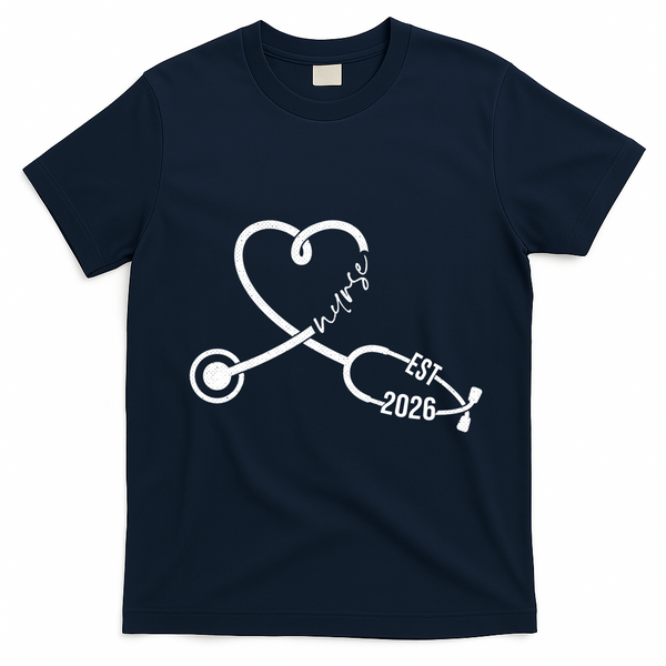 Nurse EST 2026 Cute Heart Stethoscope T-Shirt - Navy Blue