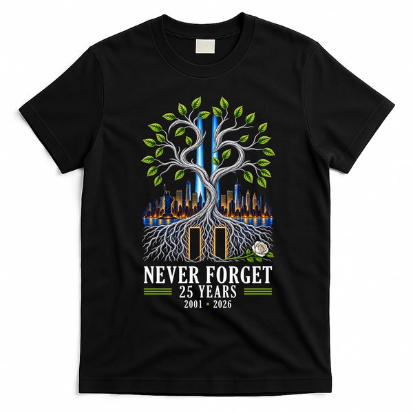 Never Forget 25 Years 911 Memorial 25th Anniversary T-Shirt - Black