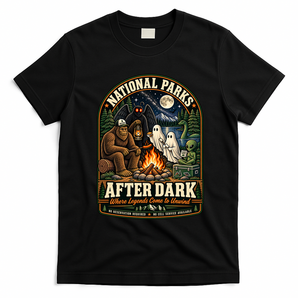 National Parks After Dark Sasquatch Bigfoot Ghost Halloween T-Shirt - Black