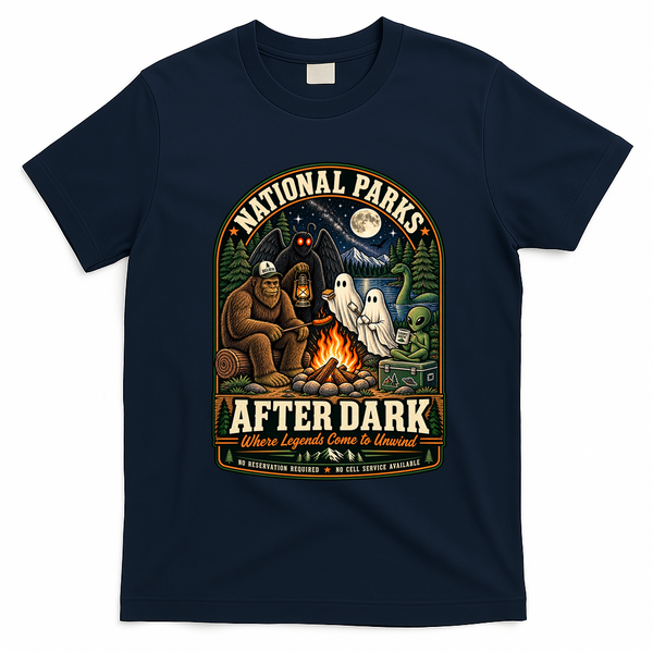 National Parks After Dark Sasquatch Bigfoot Ghost Halloween T-Shirt - Navy Blue