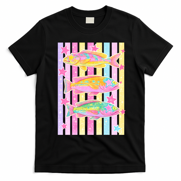 Neon Striped Fish Summer Beach Vibes T-Shirt - Black