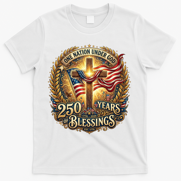 One Nation Under God 250 Years Of Blessings EST 1776 Vintage Gold Emblem T-Shirt - White