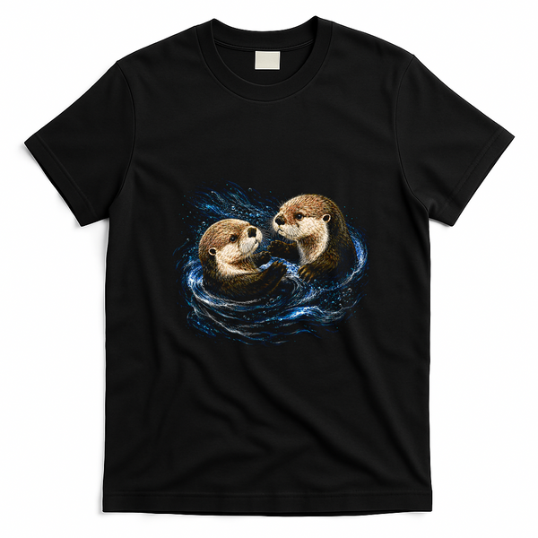 Otters Playing In The Water Fun Wildlife T-Shirt - Black