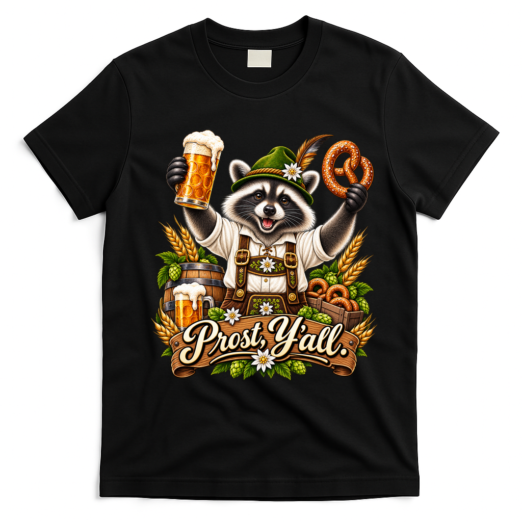 Oktoberfest Raccoon Prost Funny German T-Shirt - Black