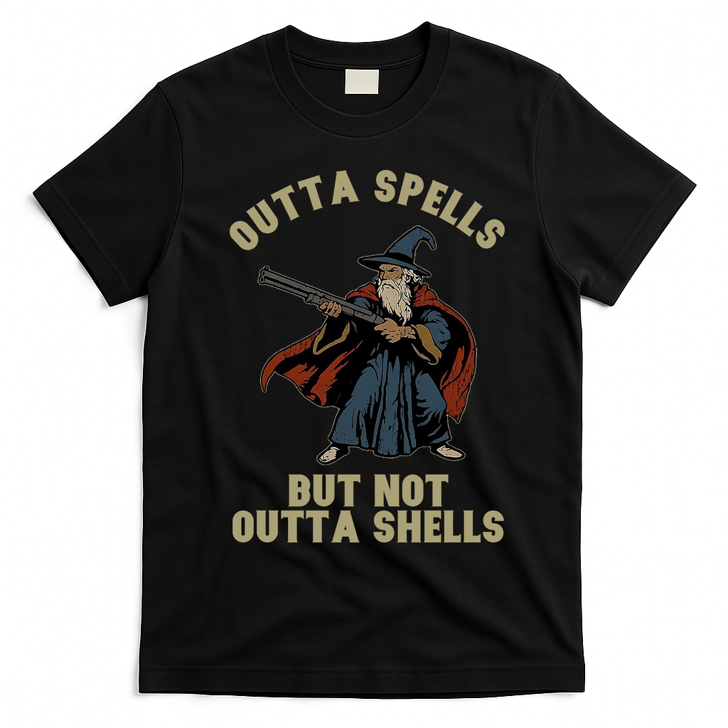 Outta Spells But Not Outta Shells Wizard Fantasy Meme T-Shirt - Black