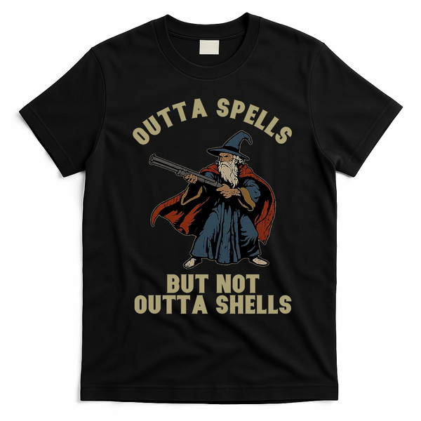Outta Spells But Not Outta Shells Wizard Fantasy Meme T-Shirt - Black