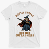 Outta Spells But Not Outta Shells Wizard Fantasy Meme T-Shirt - White