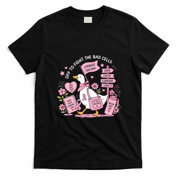 Off To Fight The Bad Cells Duck Breast Cancer Funny T-Shirt - Black