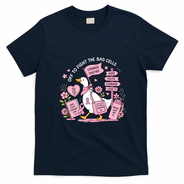 Off To Fight The Bad Cells Duck Breast Cancer Funny T-Shirt - Navy Blue