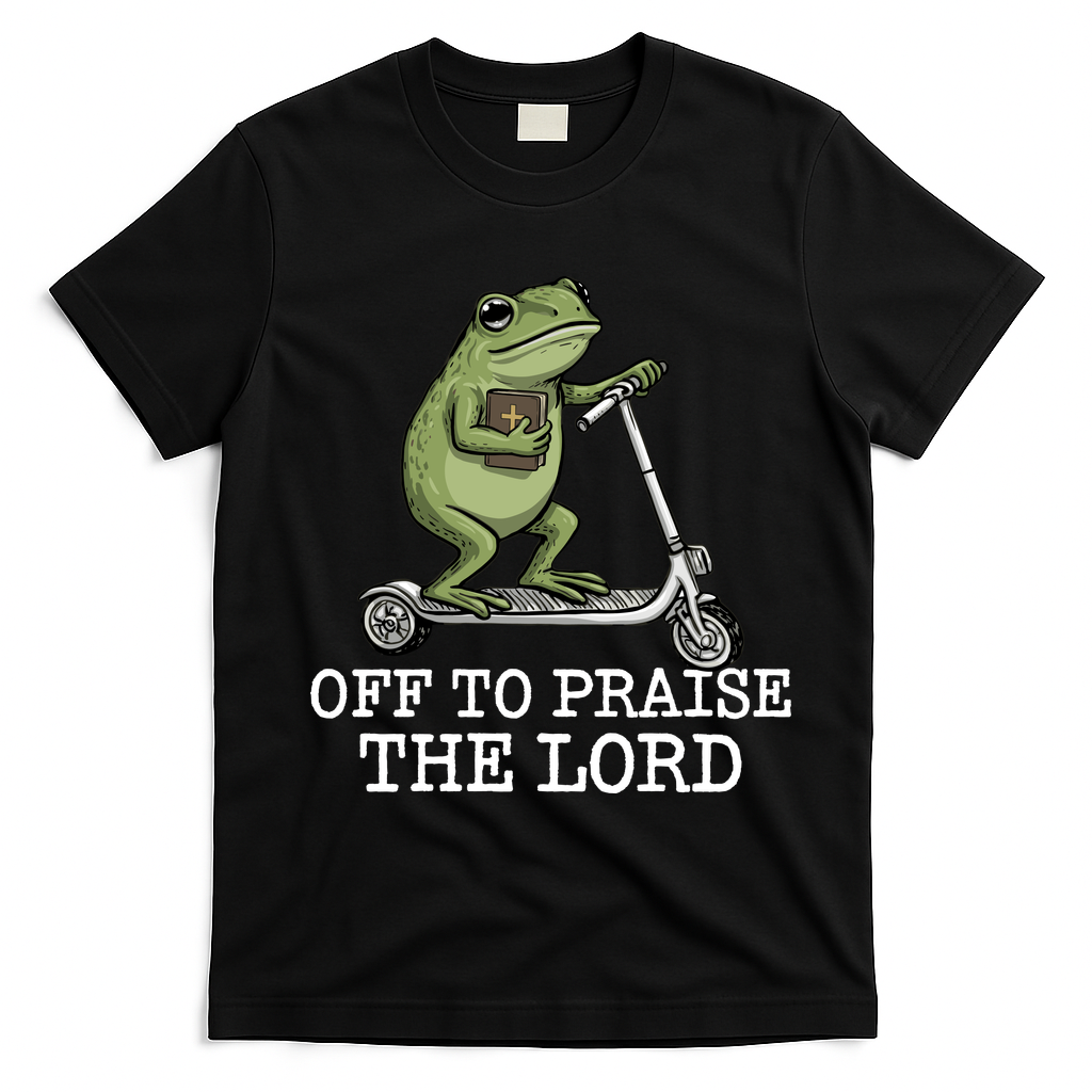 Off To Praise The Lord Funny Christian Frog Meme T-Shirt - Black