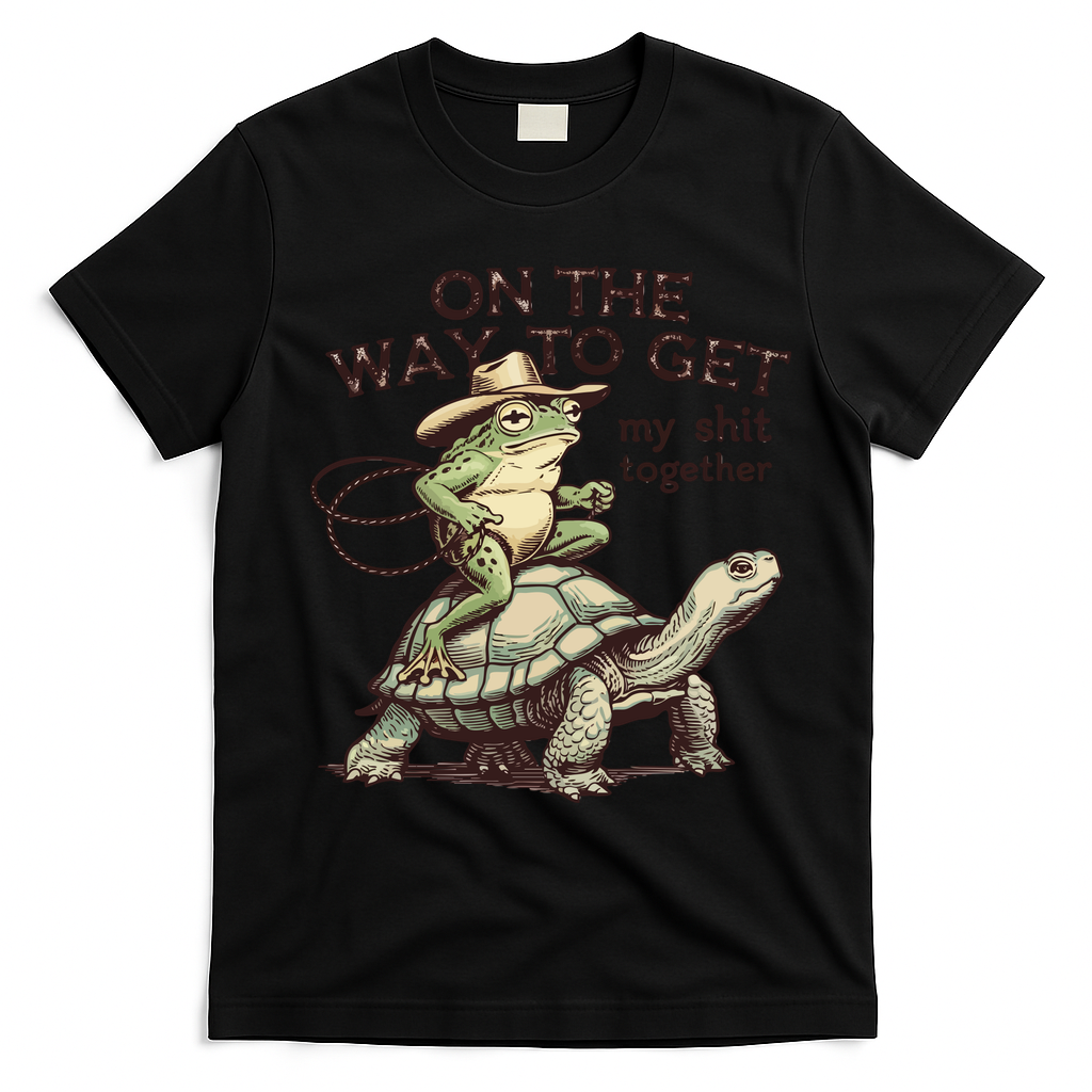 On The Way To Get My Shit Togther Cowboy Frog Turtle T-Shirt - Black