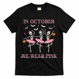 Octover We Wear Pink Breast Cancer Halloween Dancing Skeletons T-Shirt - Black