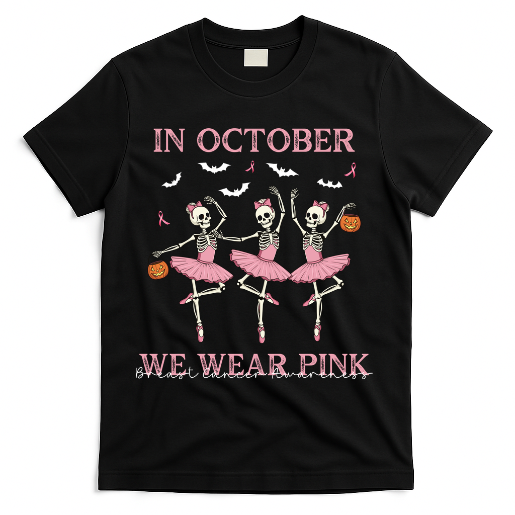Octover We Wear Pink Breast Cancer Halloween Dancing Skeletons T-Shirt - Black