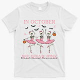 Octover We Wear Pink Breast Cancer Halloween Dancing Skeletons T-Shirt - White