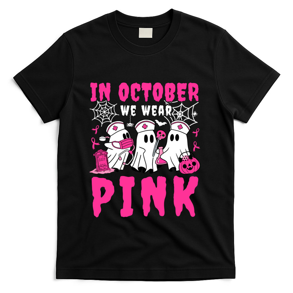 October We Wear Rn Nurse Ghost Halloween Breast Cancer Cool Gift T-Shirt - Black