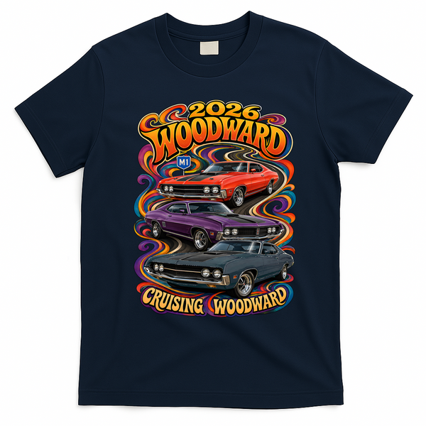 Psychedelic 2026 Woodward Cruising 1970s Muscle Cars T-Shirt - Navy Blue