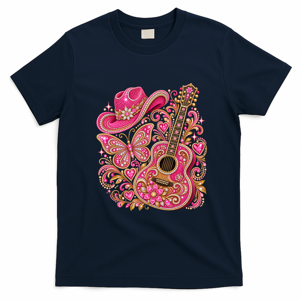 Pink Bling Cowgirl Guitar Western Rhinestone T-Shirt - Navy Blue