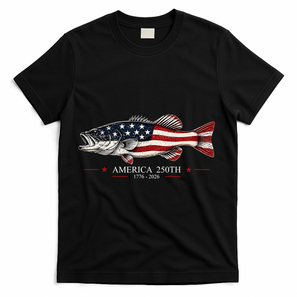 Patriotic Bass Fishing America's 250th Celebration 250 Years T-Shirt - Black