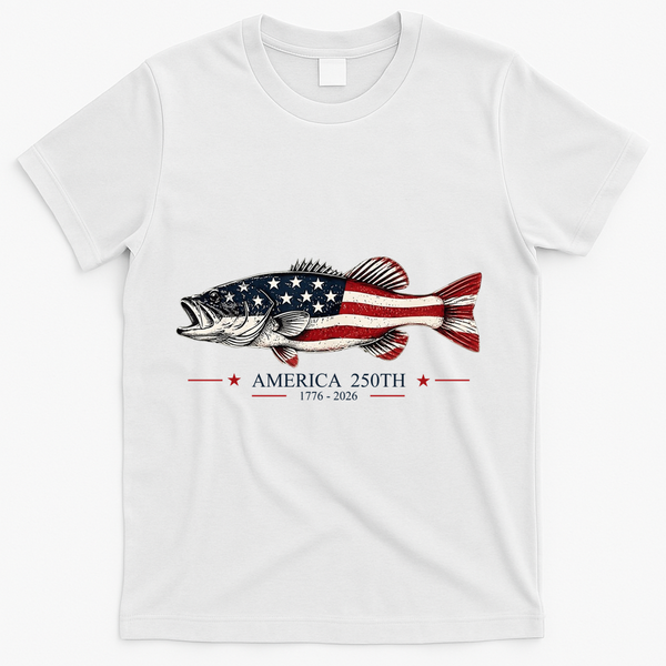 Patriotic Bass Fishing America's 250th Celebration 250 Years T-Shirt - White