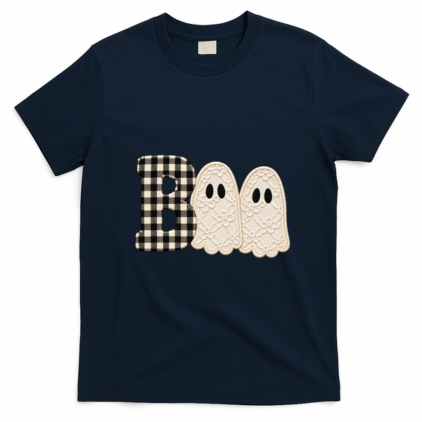 Patchwork Boo Halloween Retro Cute T-Shirt - Navy Blue