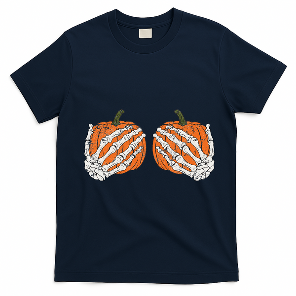 Pumpkin Boobies Skeleton Hands Funnys Funny Halloween Funny T-Shirt - Navy Blue