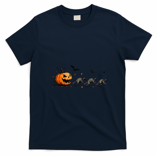 Pumpkin Chasing Raccoons Halloween Autumn Fun T-Shirt - Navy Blue