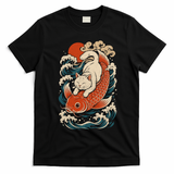 Playful Cat Riding a Koi Fish in Waves T-Shirt - Black