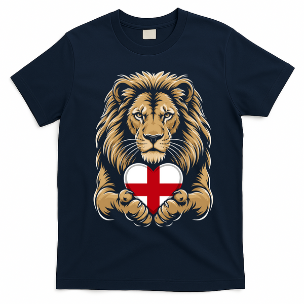 Proud England Lion Engaging Heart English Flag Emblem Gift T-Shirt - Navy Blue