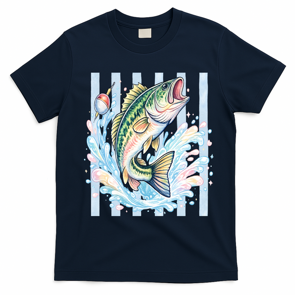 Pastel Fishing Retro Striped  T-Shirt - Navy Blue