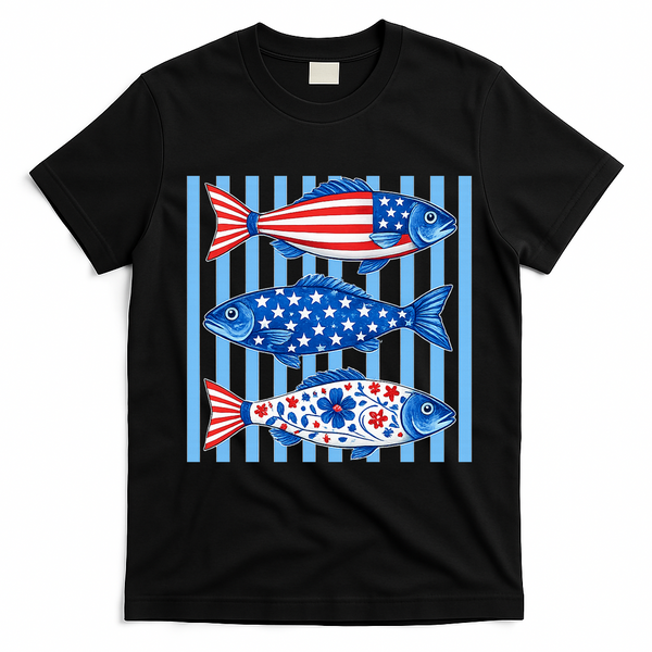 Patriotic Fish Striped USA Theme Design T-Shirt - Black