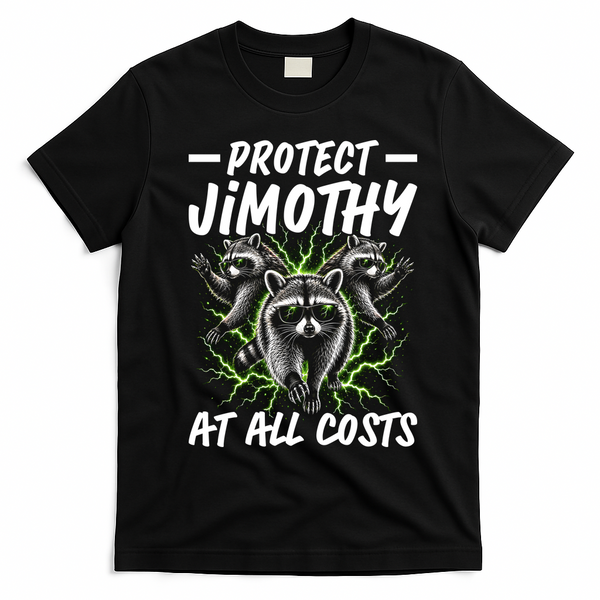 Protect Jimothy At All Cost Funny Raccoon Meme T-Shirt - Black